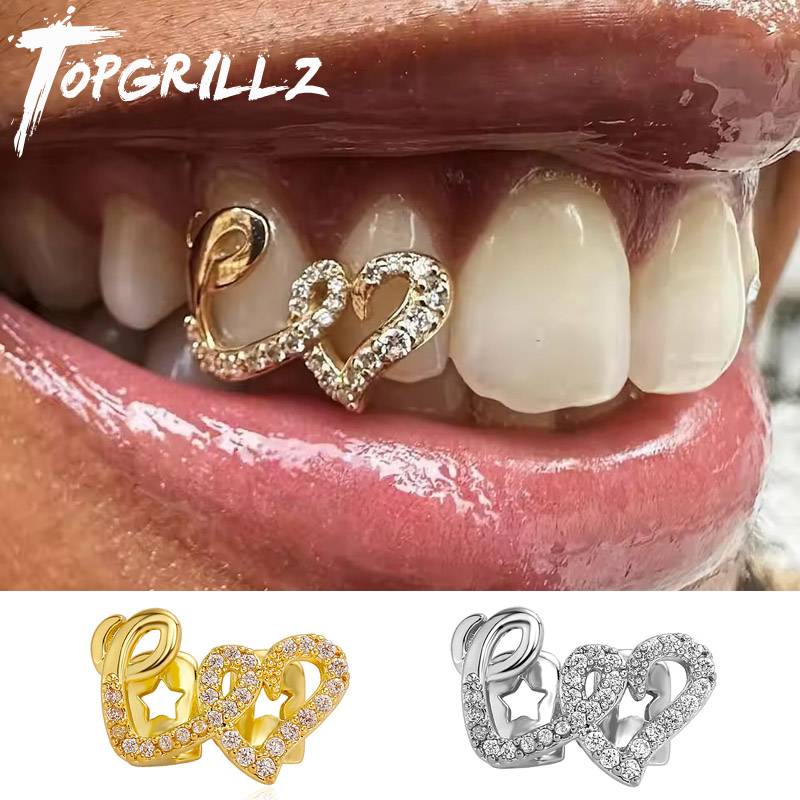 Body Jewelry Men - TOPGRILLZ مزدوجة القلب الأسنان قبعات للنساء