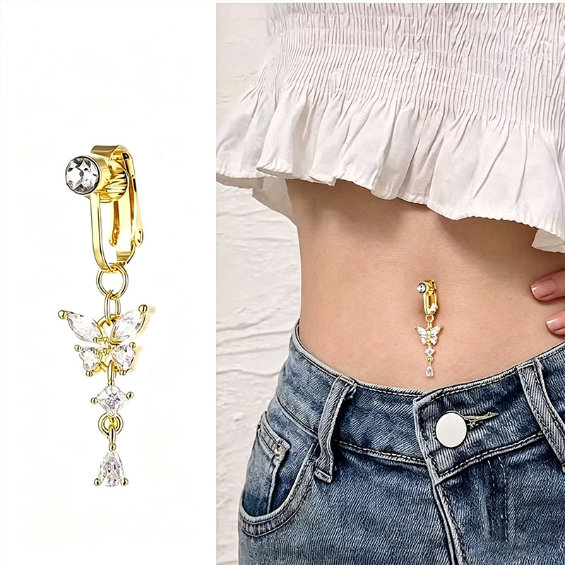 Body Jewelry And Piercing - حلقة بطن مزيفة بتصميم فراشة مرصعة