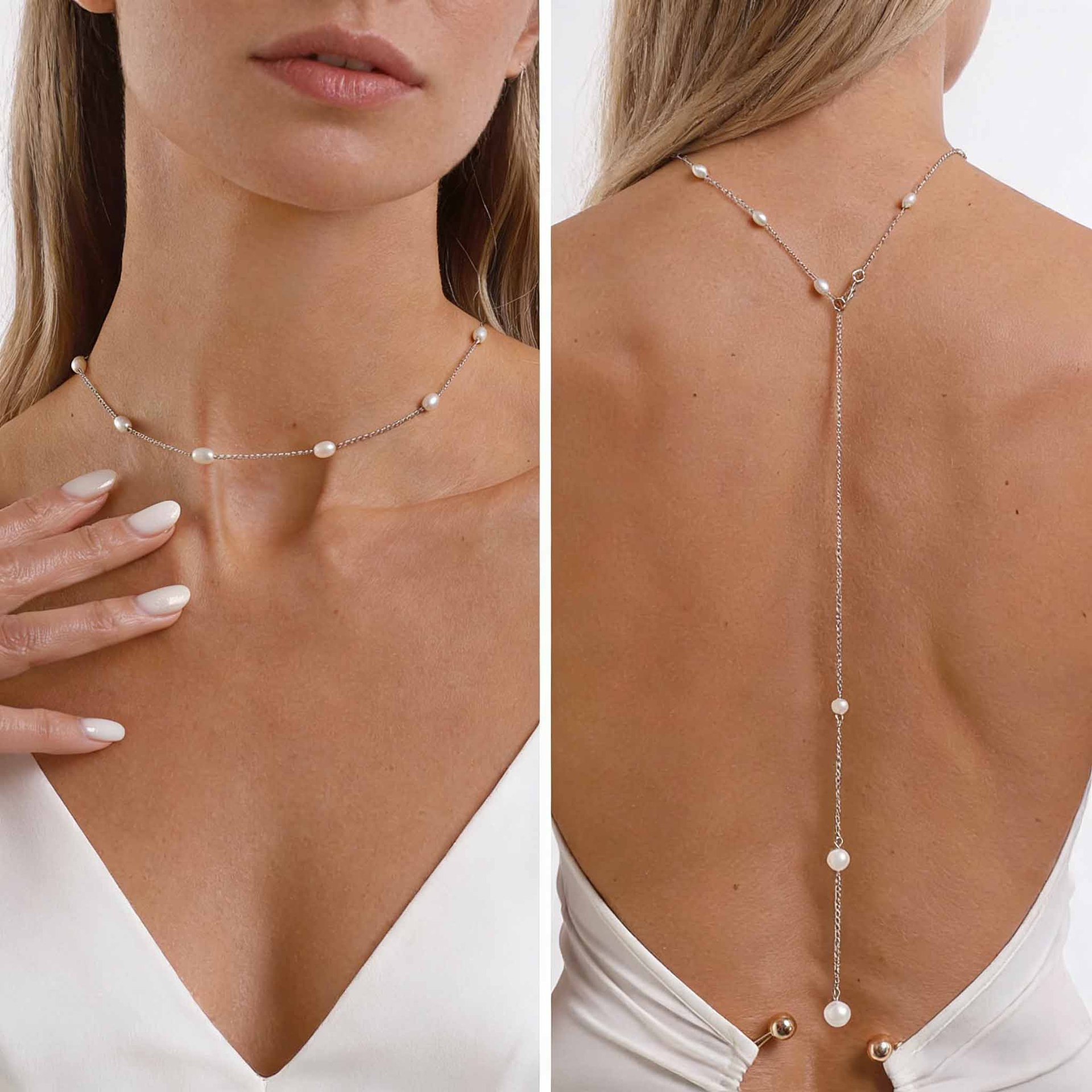 Body Jewelry For Backless Dress - قلادة أنيقة للظهر مع لآلئ صناعية