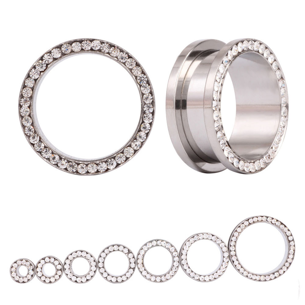 Body Jewelry Ear Gauges - قطعتان/مجموعة نفق أذن كريستالي بفتحة لولبية،